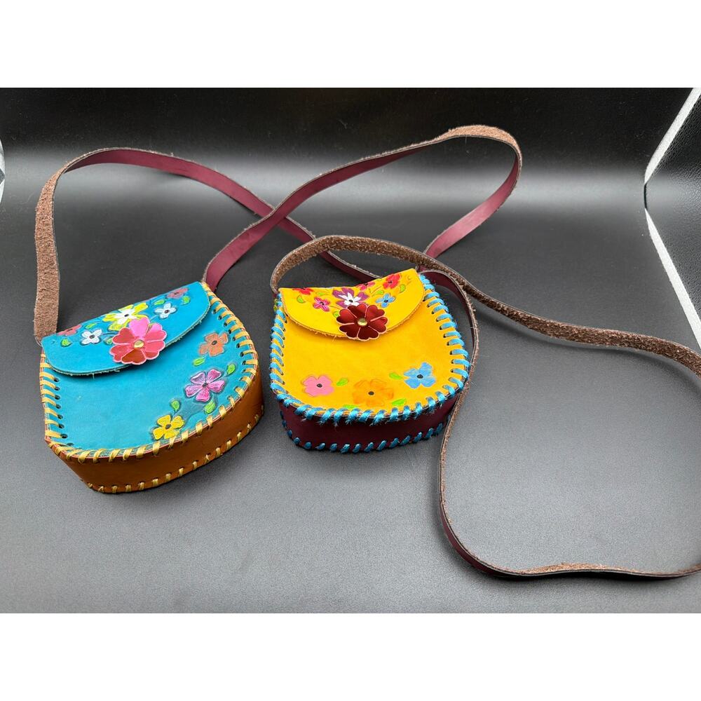 Stamped Leather Kids Crossbody Bags Floral Painted Purse Lot Of 2